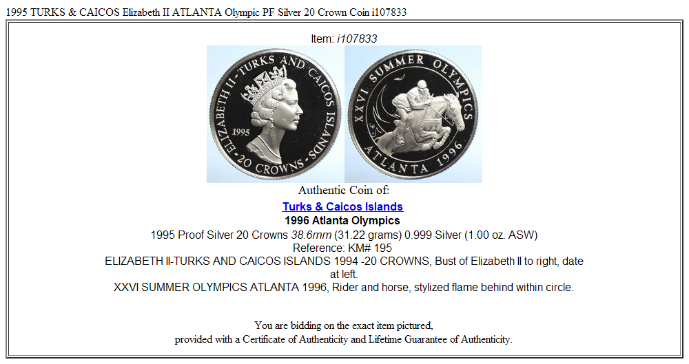 1995 TURKS & CAICOS Elizabeth II ATLANTA Olympic PF Silver 20 Crown Coin i107833