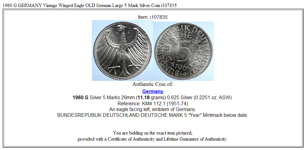 1960 G GERMANY Vintage Winged Eagle OLD German Large 5 Mark Silver Coin i107835