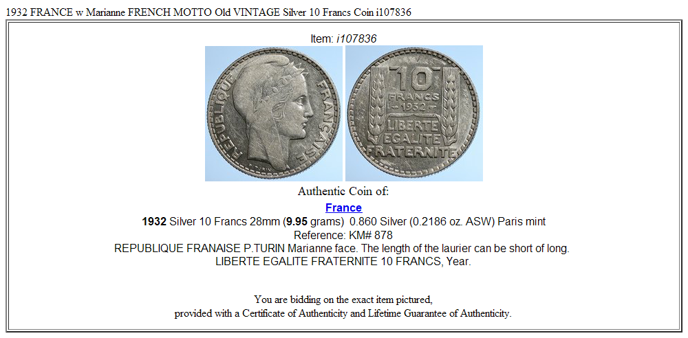 1932 FRANCE w Marianne FRENCH MOTTO Old VINTAGE Silver 10 Francs Coin i107836