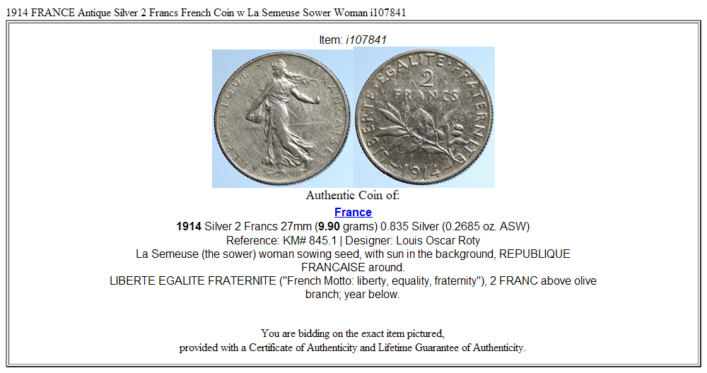 1914 FRANCE Antique Silver 2 Francs French Coin w La Semeuse Sower Woman i107841