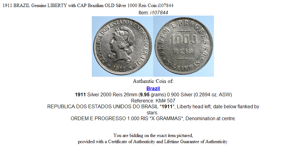 1911 BRAZIL Genuine LIBERTY with CAP Brazilian OLD Silver 1000 Reis Coin i107844