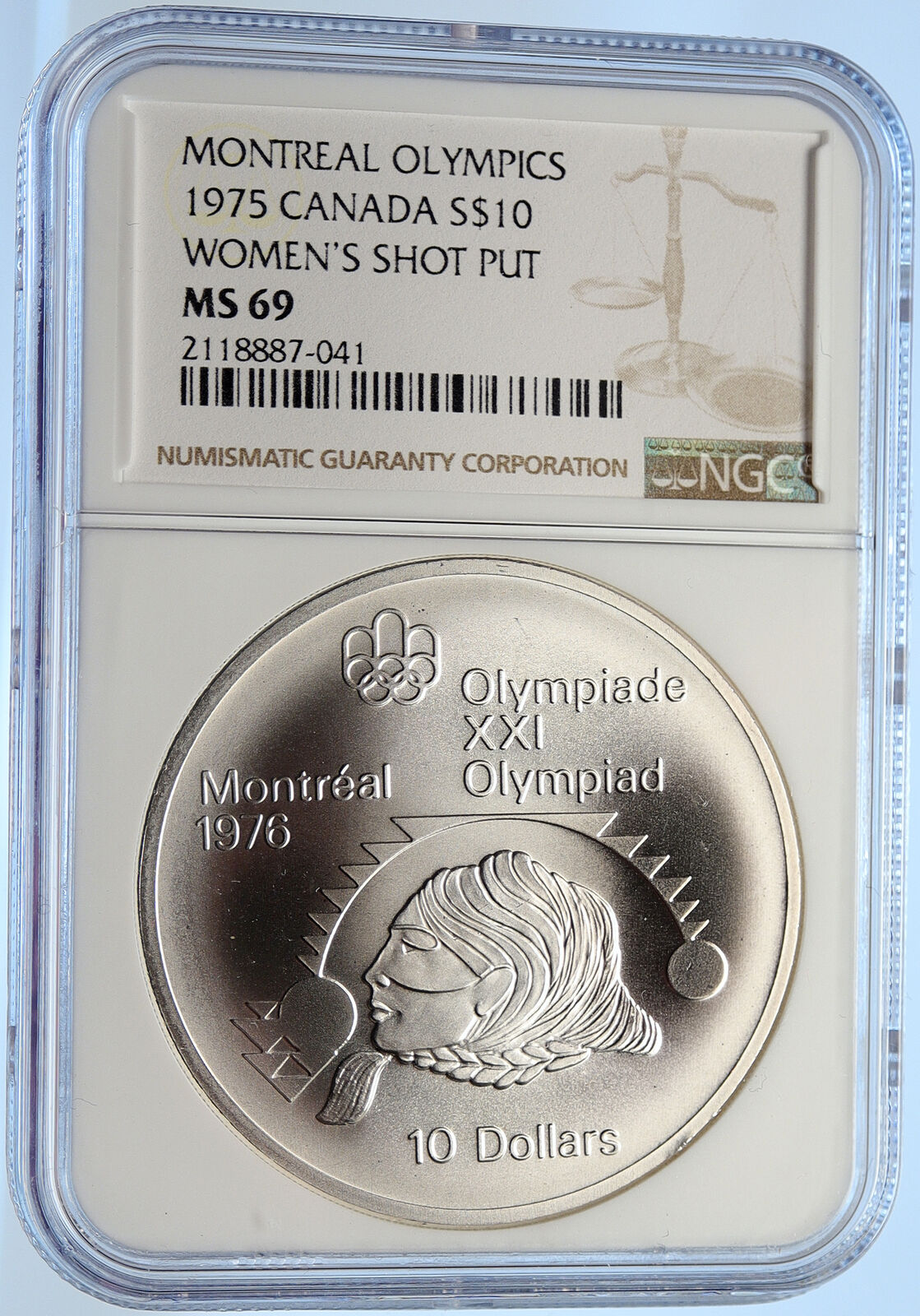 1975 CANADA Elizabeth II Olympic Montreal SHOT PUT Silver $10 Coin NGC i106475