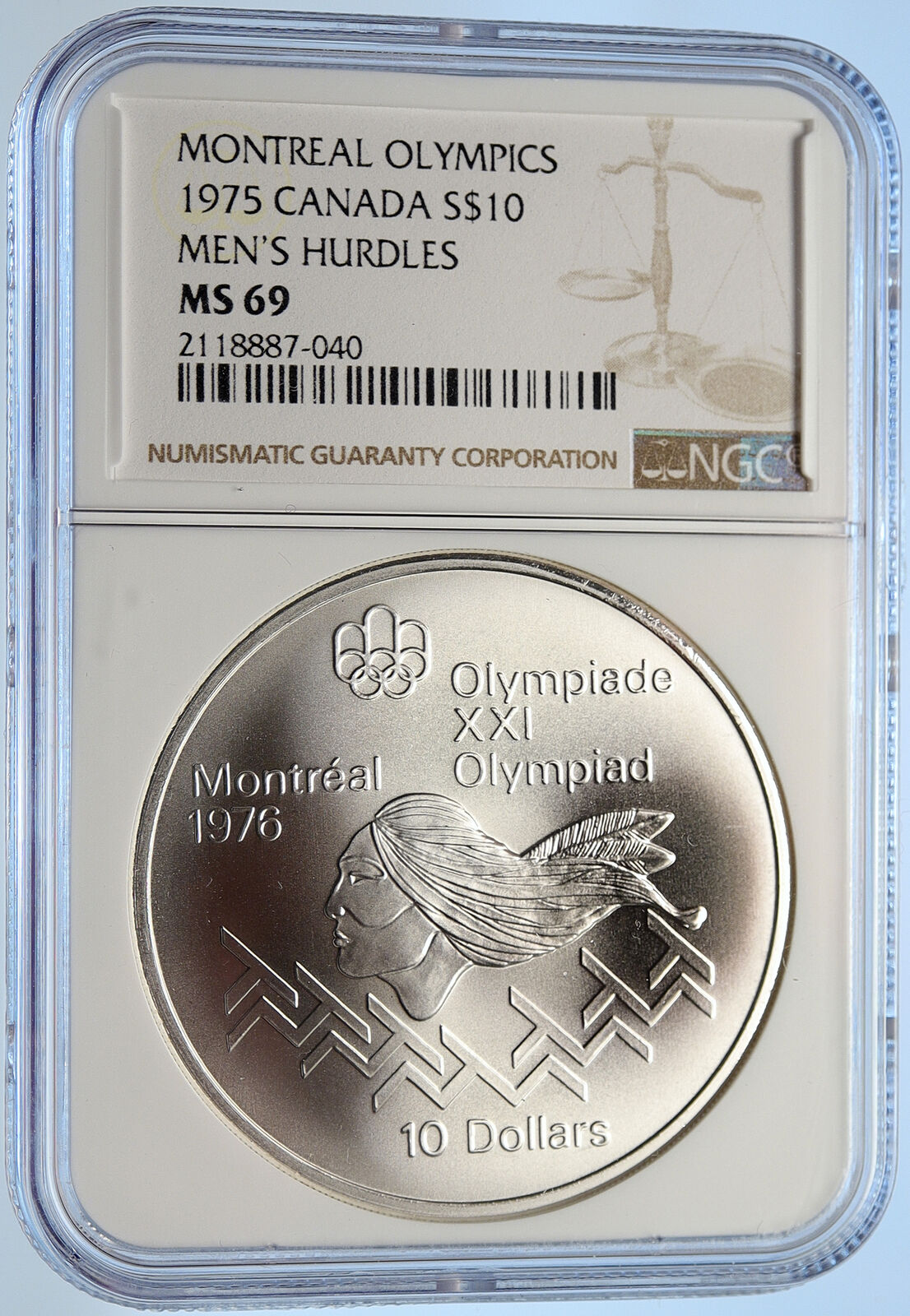 1975 CANADA Elizabeth II Olympic Montreal Men HURDLES Silver 10 Coin NGC i106474