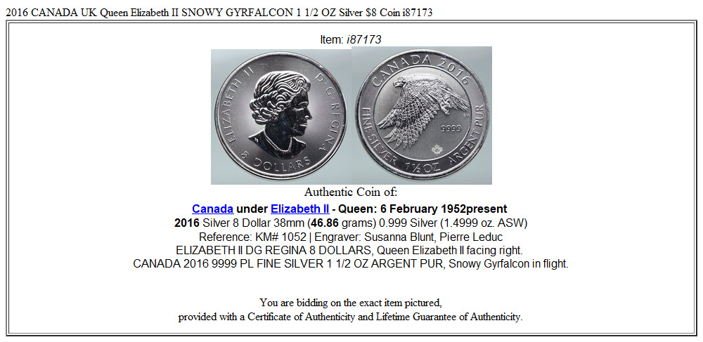 2016 CANADA UK Queen Elizabeth II SNOWY GYRFALCON 1 1/2 OZ Silver $8 Coin i87173