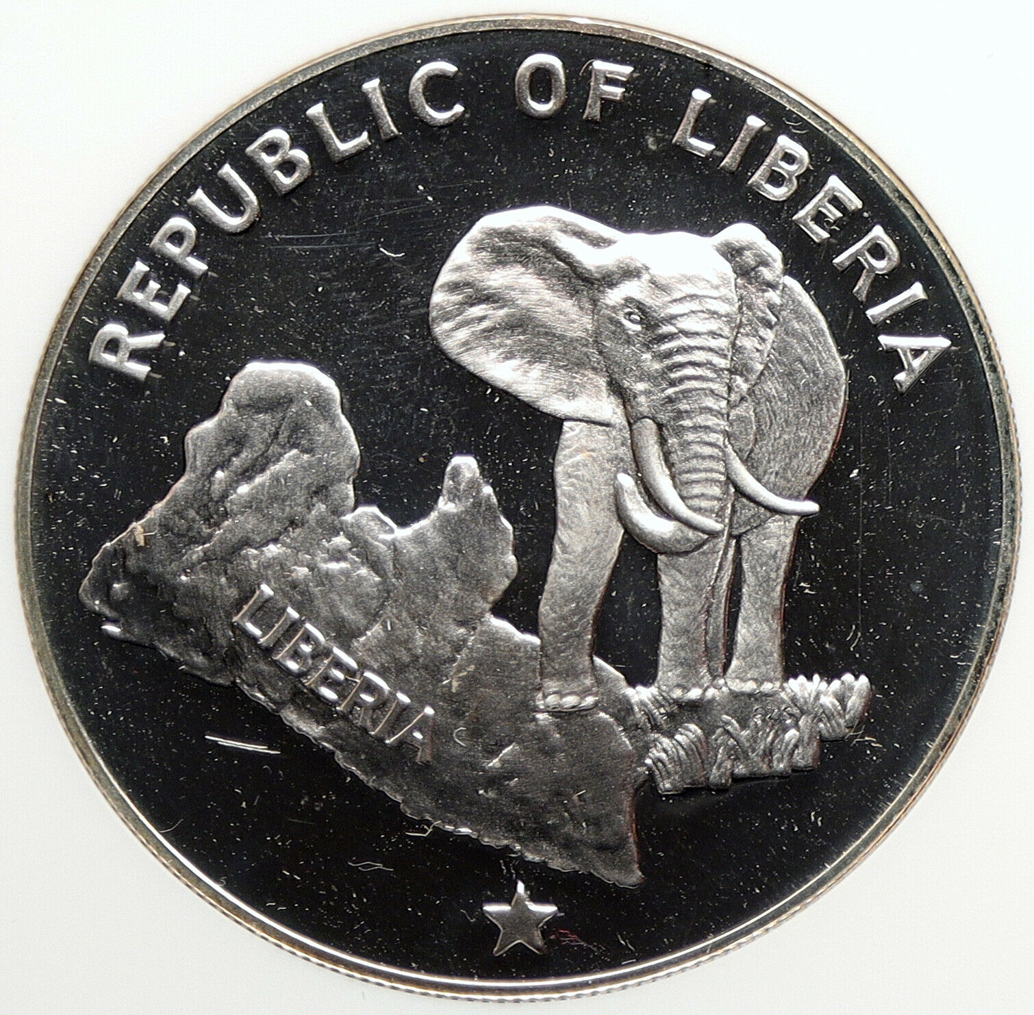 1973 LIBERIA State Map w Elephant VINTAGE OLD Proof Silver $5 Coin NGC i106530