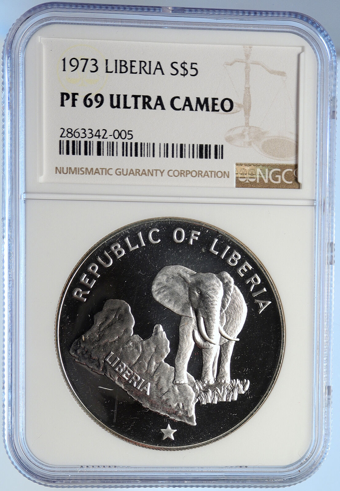 1973 LIBERIA State Map w Elephant VINTAGE OLD Proof Silver $5 Coin NGC i106530