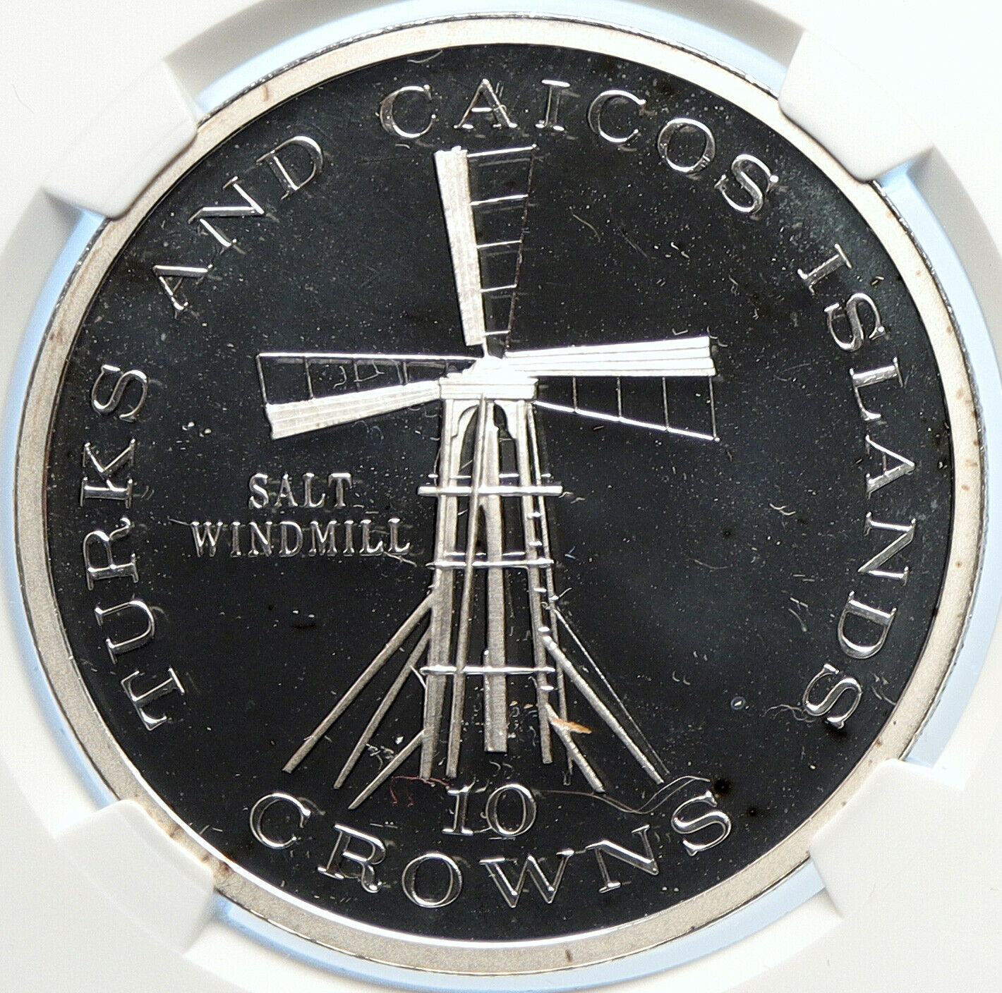 1977 TURKS AND CAICOS Salt Windmill OLD Proof Silver 10 Crown Coin NGC i106534