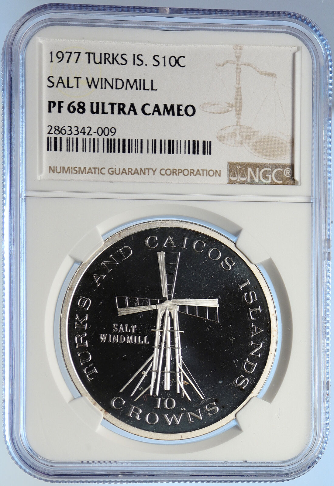 1977 TURKS AND CAICOS Salt Windmill OLD Proof Silver 10 Crown Coin NGC i106534