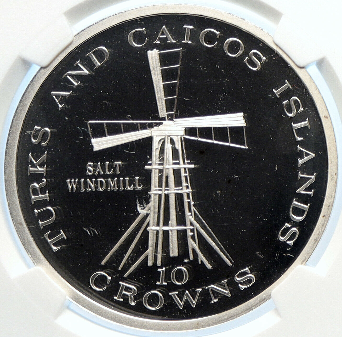 1976 TURKS AND CAICOS Salt Windmill OLD Proof Silver 10 Crown Coin NGC i106526