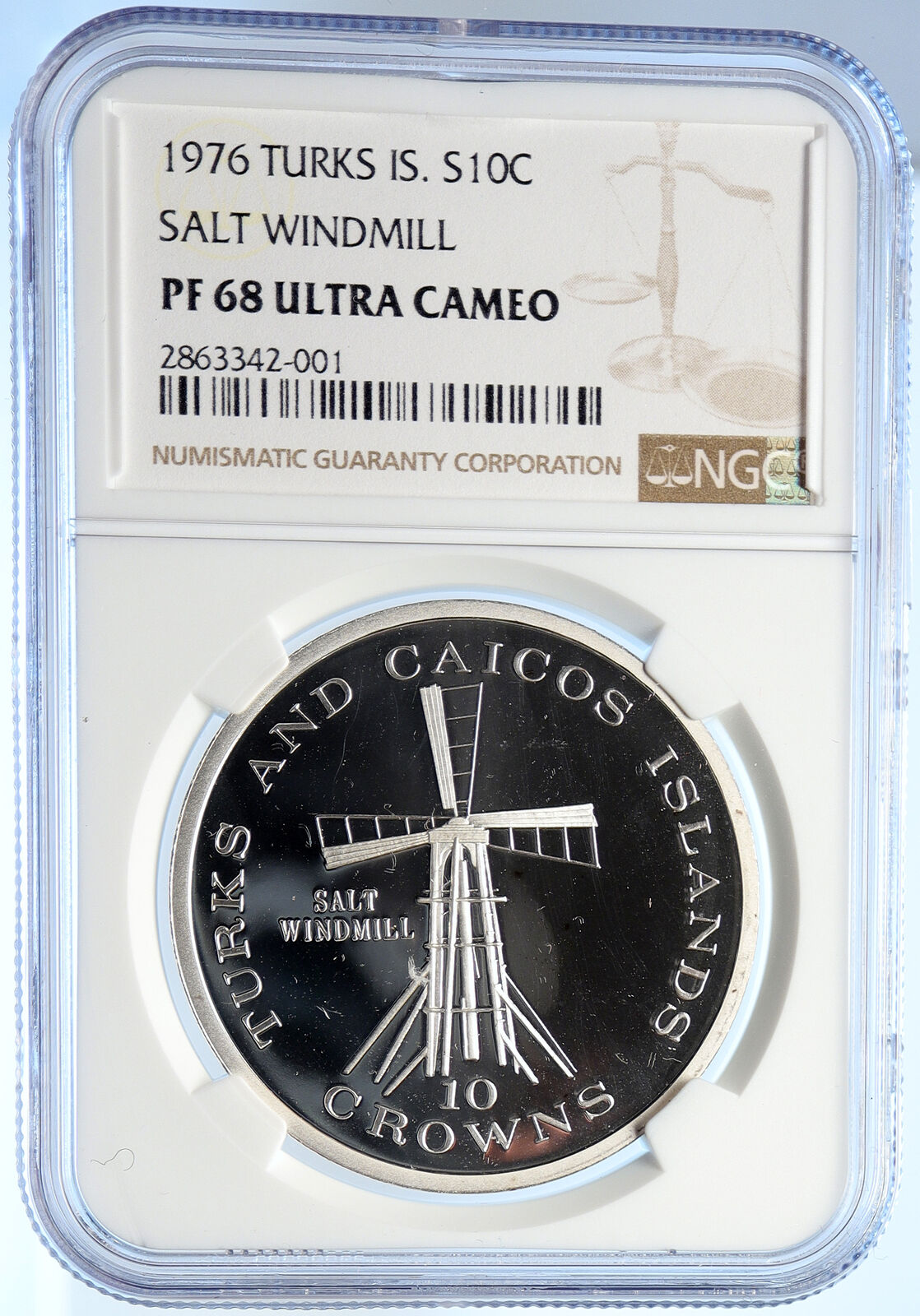 1976 TURKS AND CAICOS Salt Windmill OLD Proof Silver 10 Crown Coin NGC i106526