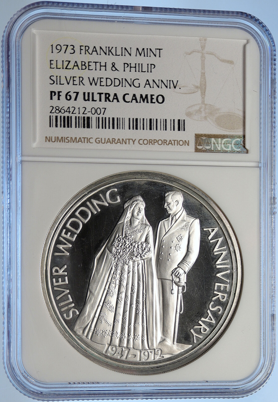 1973 US Franklin Mint ELIZABETH & PHILIP Wedding Proof Silver Medal NGC i106238