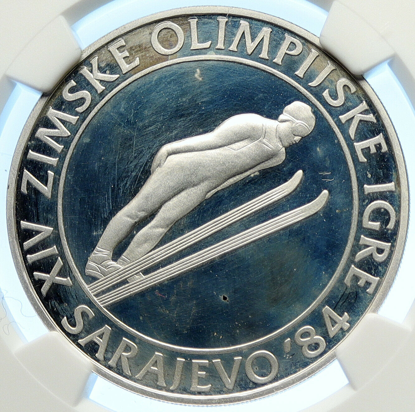 1983 YUGOSLAVIA '84 Olympics SARAJEVO Ski Jumper PF Silver 500D Coin NGC i106568