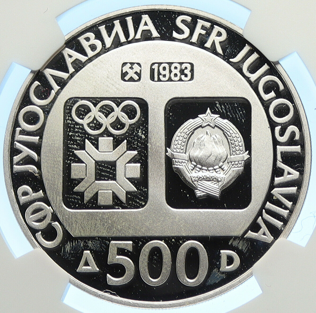 1983 YUGOSLAVIA '84 Olympics SARAJEVO Ski Jumper PF Silver 500D Coin NGC i106568