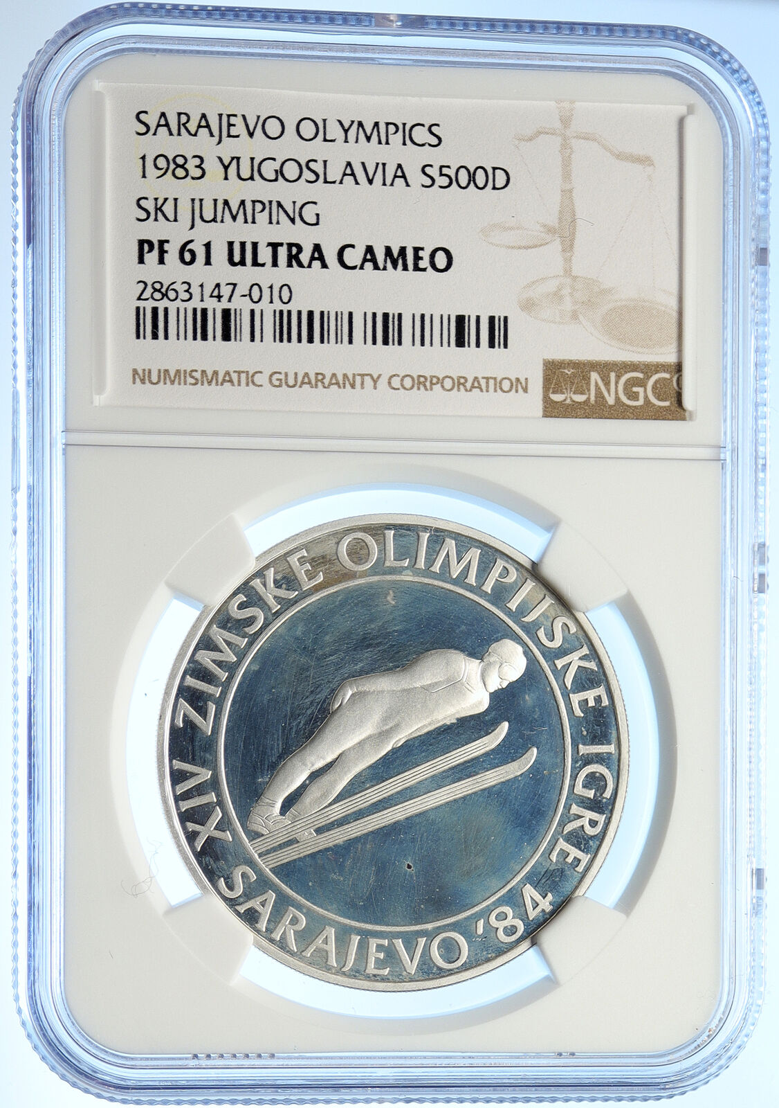 1983 YUGOSLAVIA '84 Olympics SARAJEVO Ski Jumper PF Silver 500D Coin NGC i106568