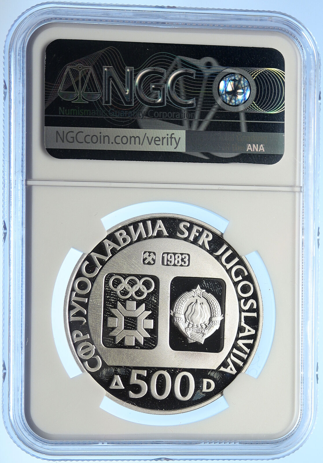 1983 YUGOSLAVIA '84 Olympics SARAJEVO Ski Jumper PF Silver 500D Coin NGC i106568