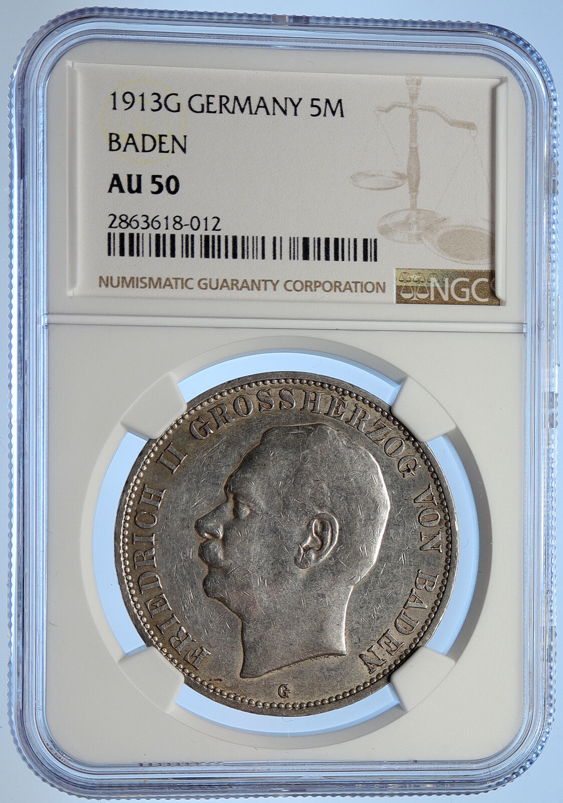 1913 GERMANY GERMAN STATE BADEN King Friedrich II Silver 5 Mark Coin NGC i106591