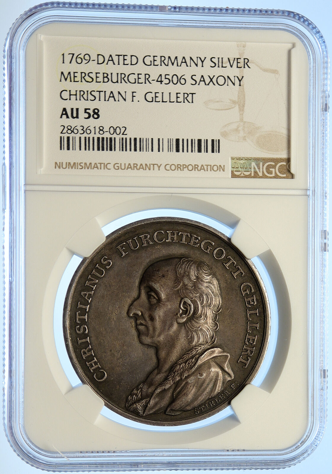 1769 GERMANY Christain F Gellert POET Vintage ANTIQUE Silver Medal NGC i106581