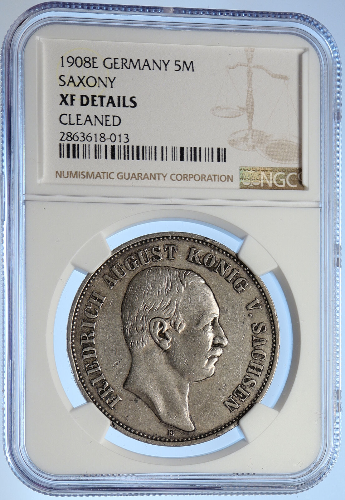 1908 E German States SAXONY KING FRIEDRICH AUGUST Silver 5 Mark Coin NGC i106592