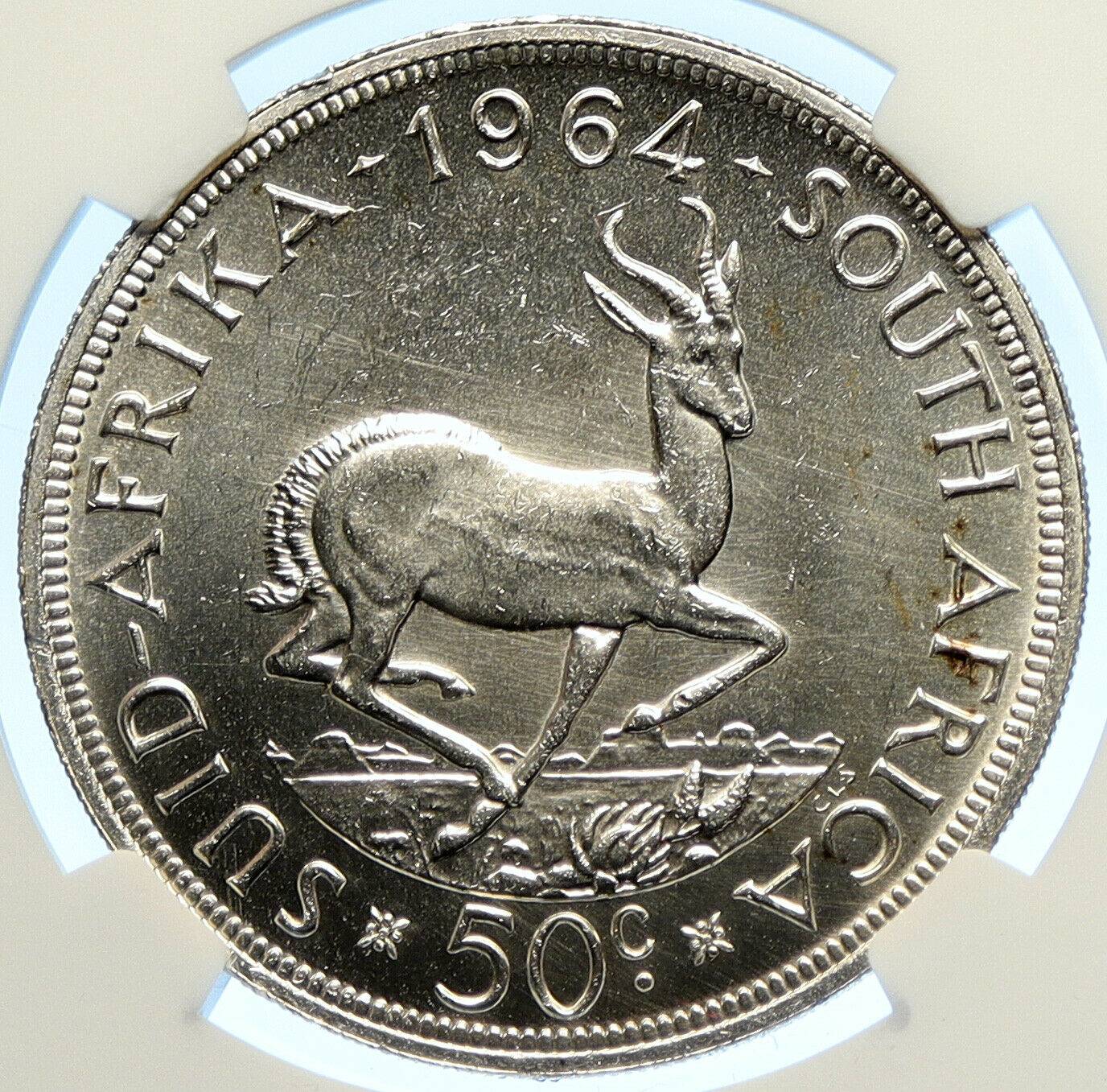 1964 SOUTH AFRICA Founder Jan van Riebeeck Deer PFL Silver 50Ct Coin NGC i106589