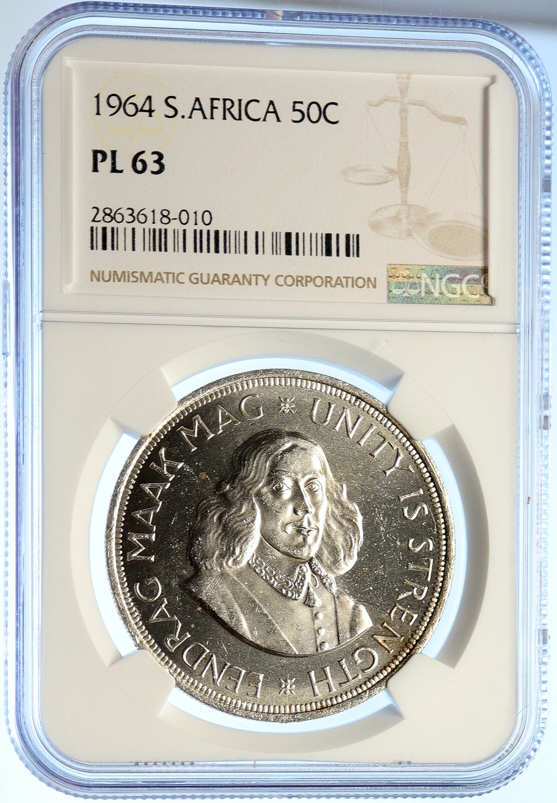 1964 SOUTH AFRICA Founder Jan van Riebeeck Deer PFL Silver 50Ct Coin NGC i106589