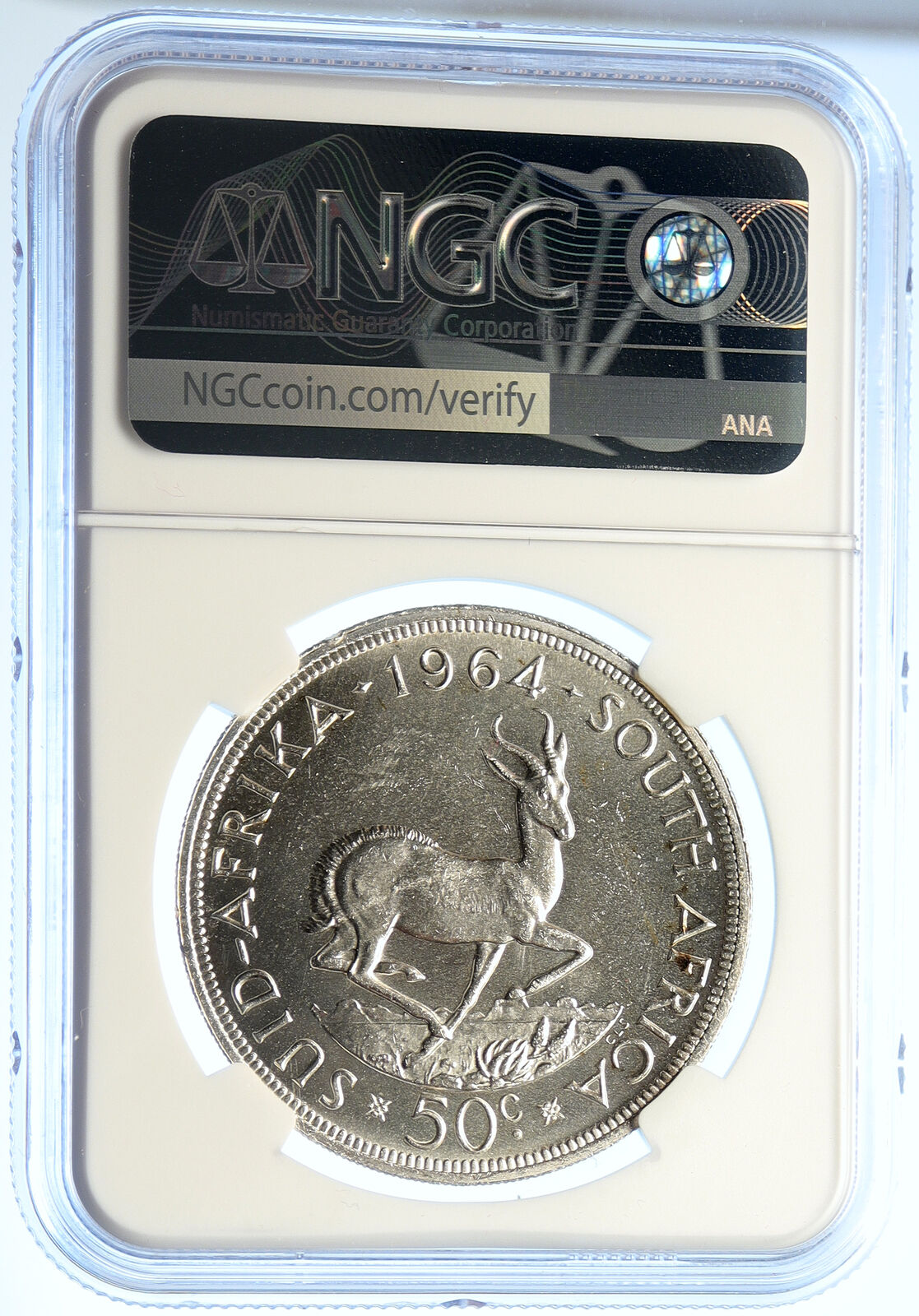 1964 SOUTH AFRICA Founder Jan van Riebeeck Deer PFL Silver 50Ct Coin NGC i106589