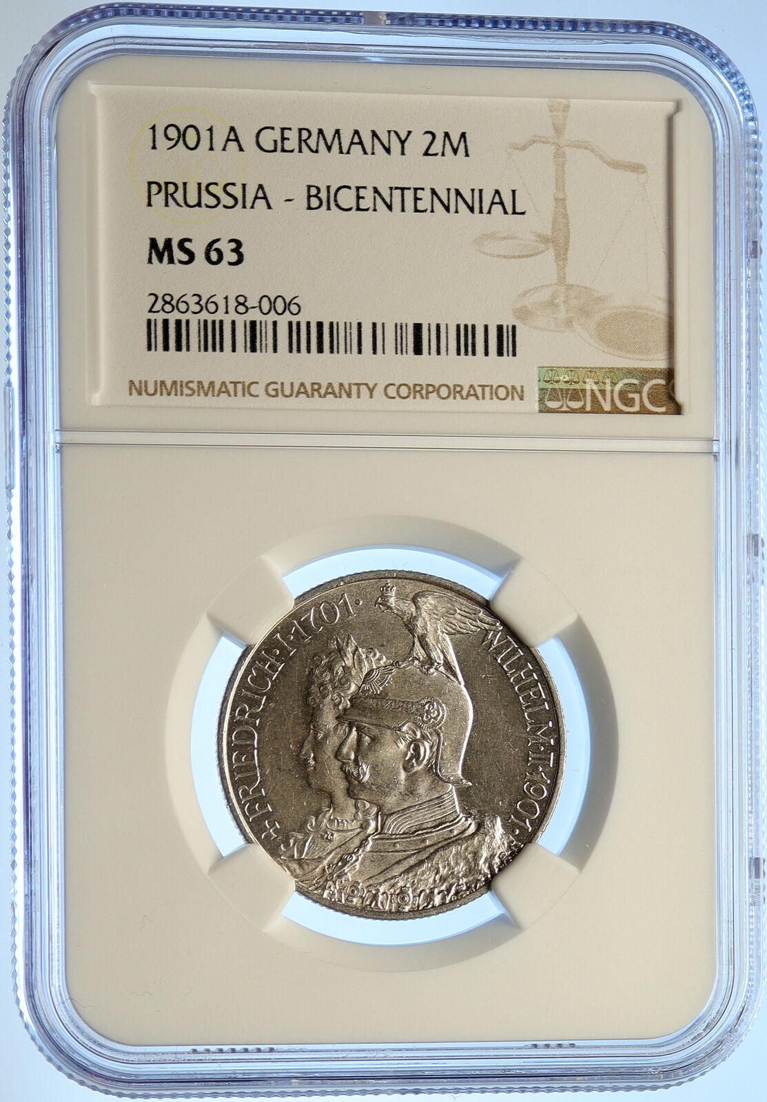 1901A Germany PRUSSIA KINGDOM Wilhelm II Frederick I Silver 2 M Coin NGC i106585