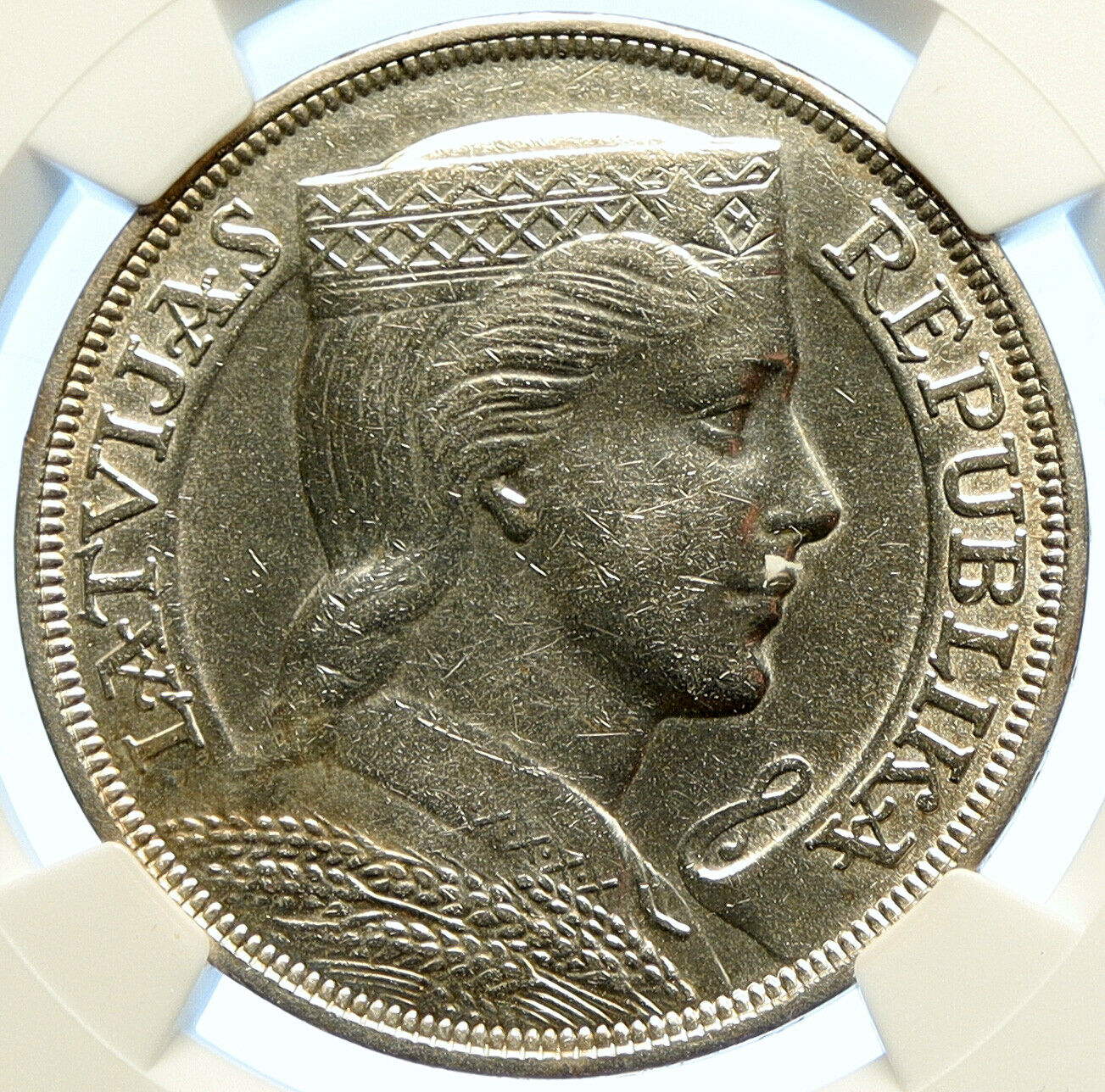 1931 LATVIA Female Headwear Vintage OLD Silver European 5 Lati Coin NGC i106580