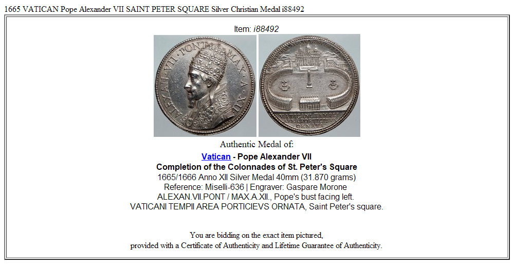 1665 VATICAN Pope Alexander VII SAINT PETER SQUARE Silver Christian Medal i88492