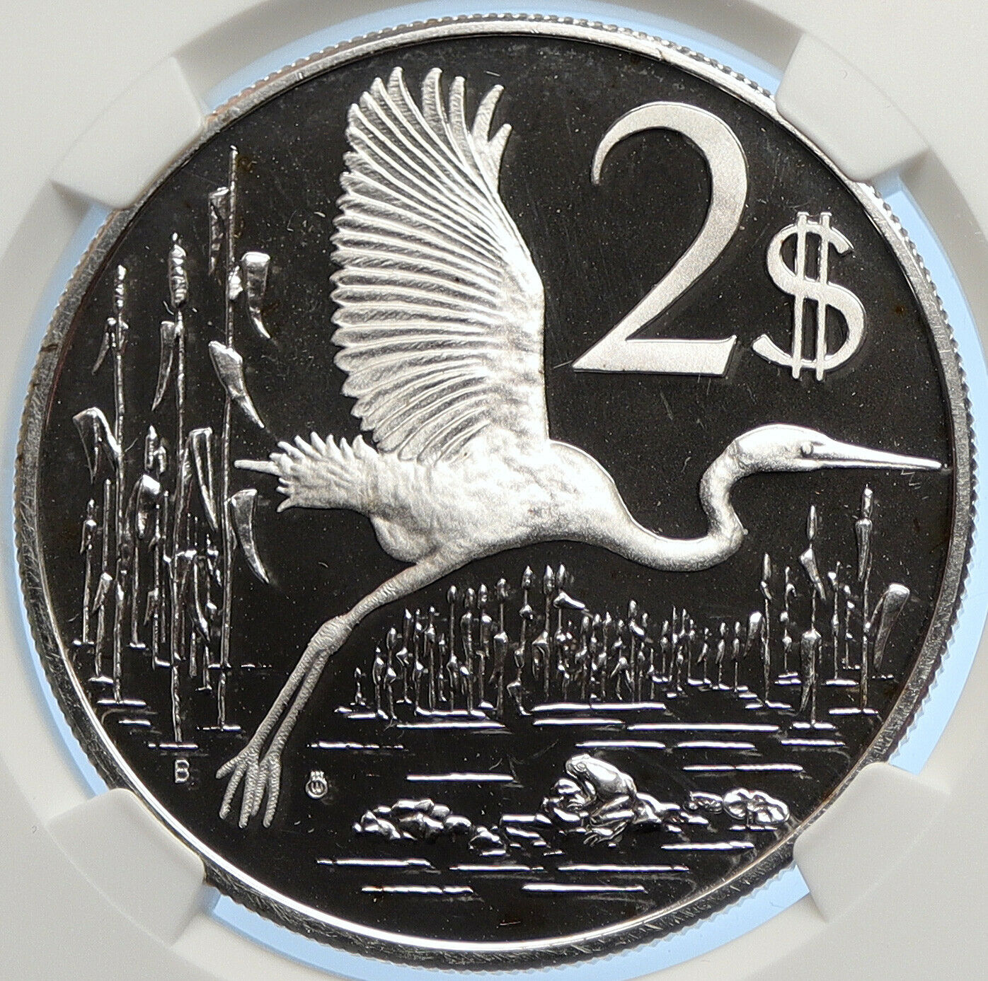 1975 CAYMAN ISLANDS Great Blue Heron BIRD Old Proof Silver $2 Coin NGC i106277