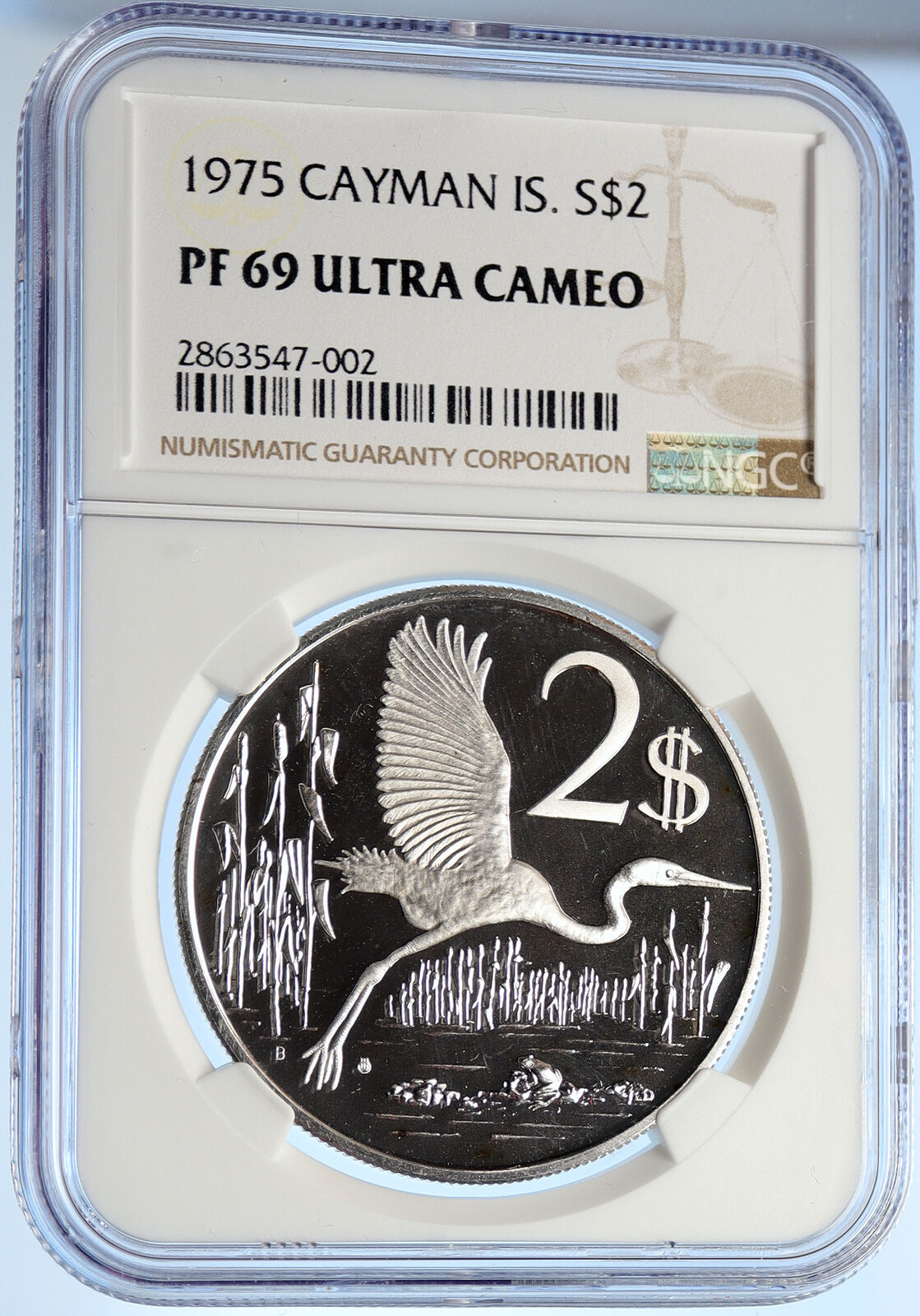 1975 CAYMAN ISLANDS Great Blue Heron BIRD Old Proof Silver $2 Coin NGC i106277