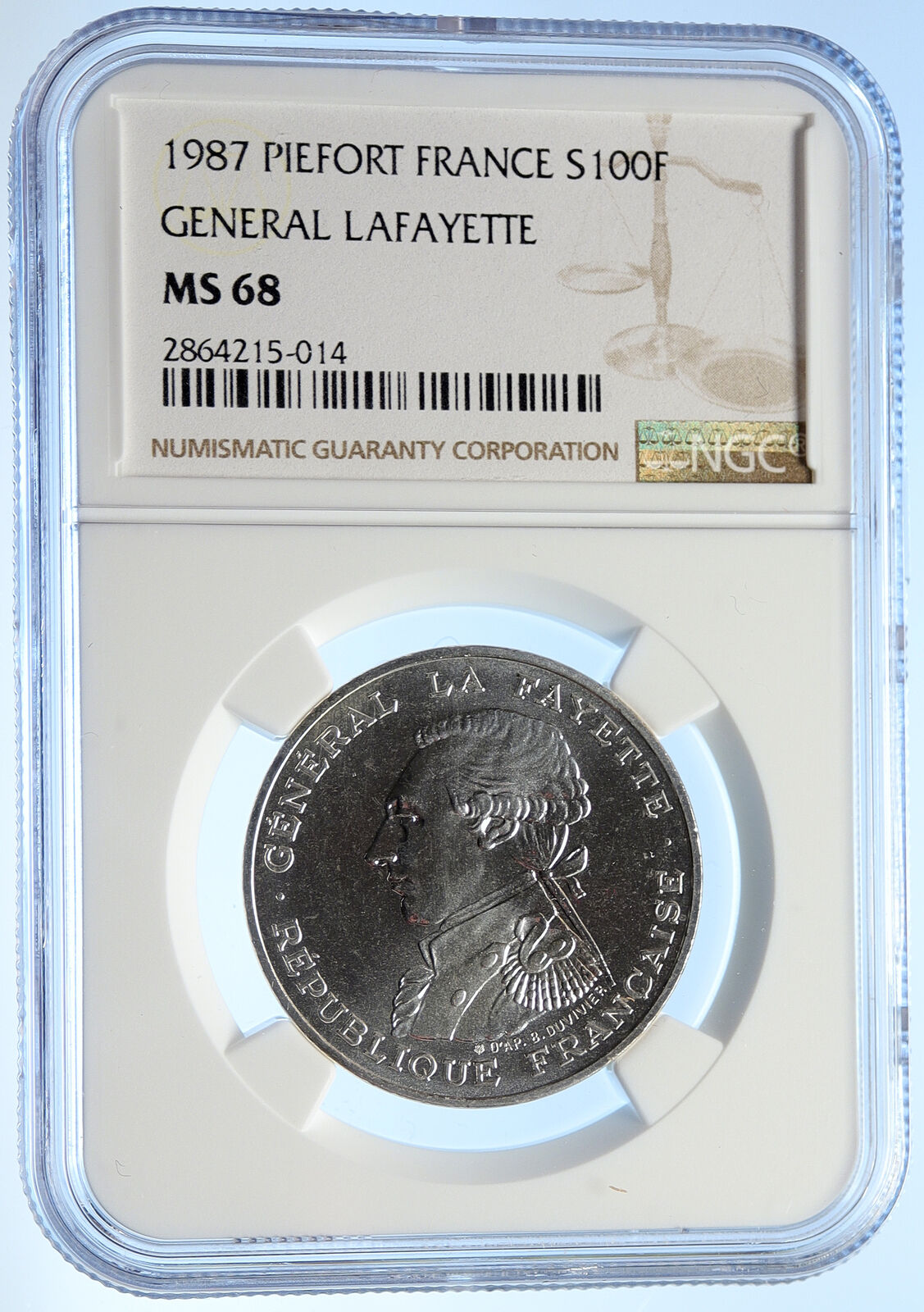 1987 FRANCE La Fayette MOTTO Vintage Silver Piéfort 100 Franc Coin NGC i106792