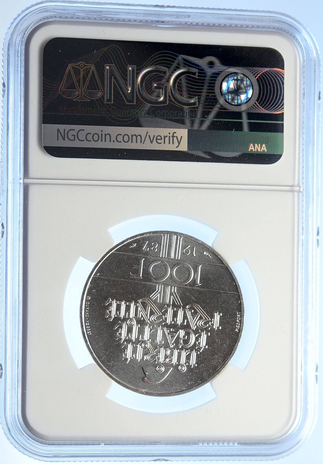 1987 FRANCE La Fayette MOTTO Vintage Silver Piéfort 100 Franc Coin NGC i106792