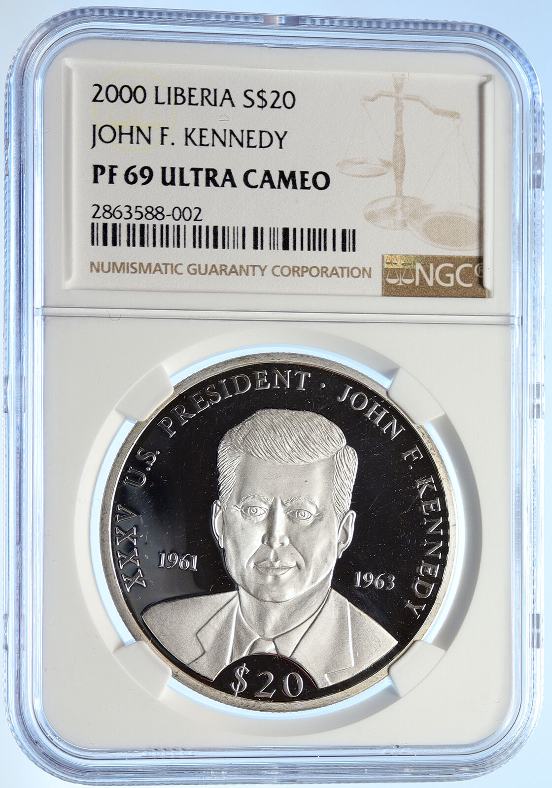 2000 LIBERIA US President JOHN F KENNEDY Proof Silver 20 Dollar Coin NGC i106795