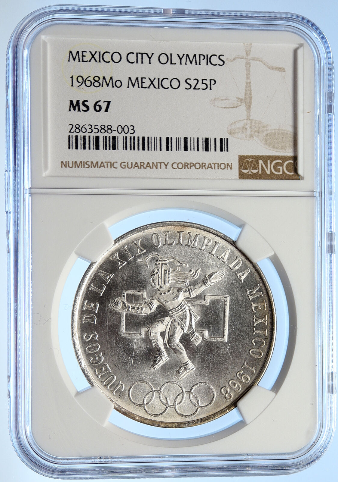 1968 Mexico XIX Olympic Games AZTEC Ball Player 25 Pesos Silver Coin NGC i106796