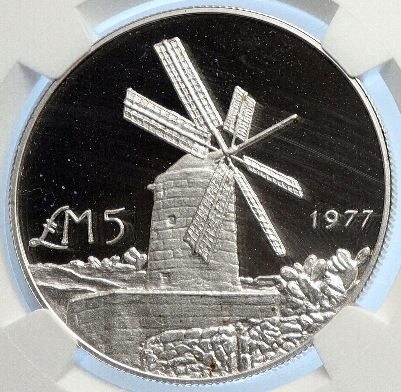 1977 MALTA Winmill of Xarolla VINTAGE Proof Silver 5 Lira Pound Coin NGC i107075