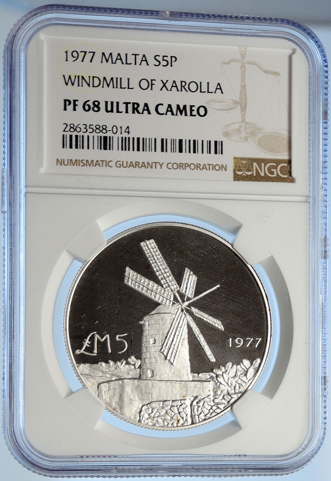 1977 MALTA Winmill of Xarolla VINTAGE Proof Silver 5 Lira Pound Coin NGC i107075