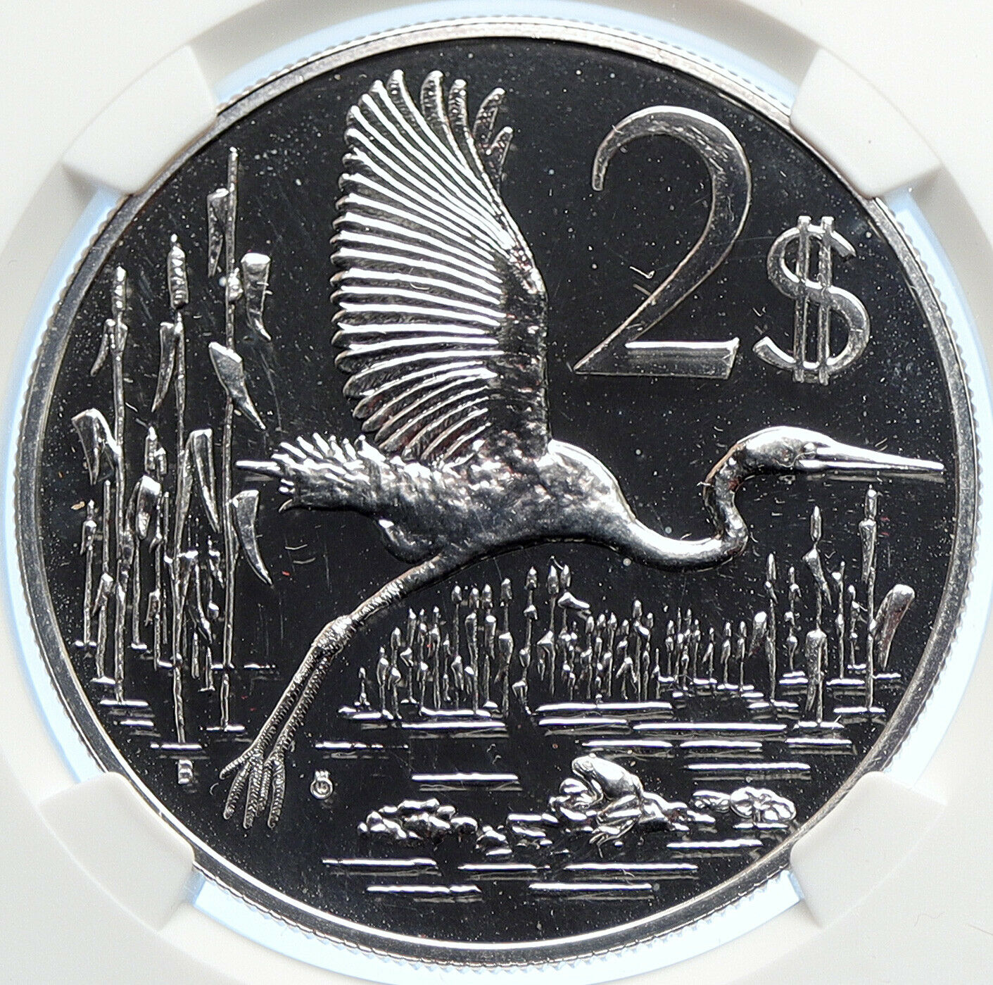 1972 CAYMAN ISLANDS Proof Like Silver $2 Coin GREAT BLUE HERON BIRD NGC i106280