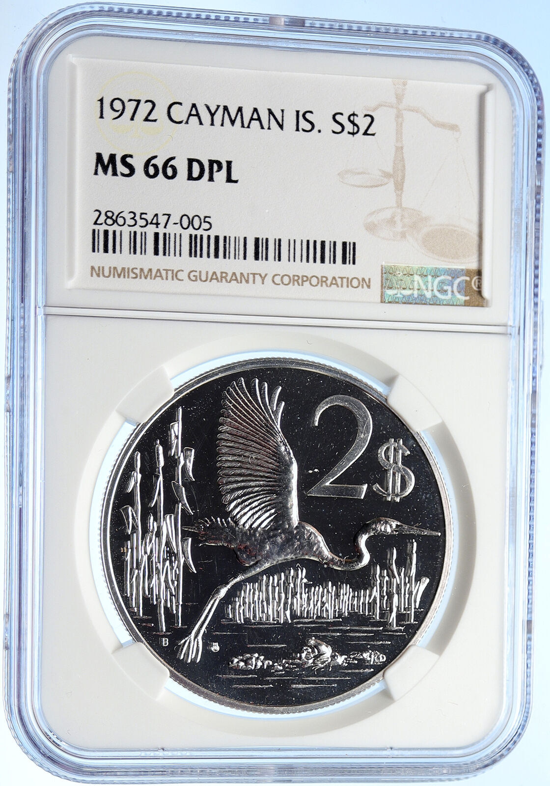 1972 CAYMAN ISLANDS Proof Like Silver $2 Coin GREAT BLUE HERON BIRD NGC i106280