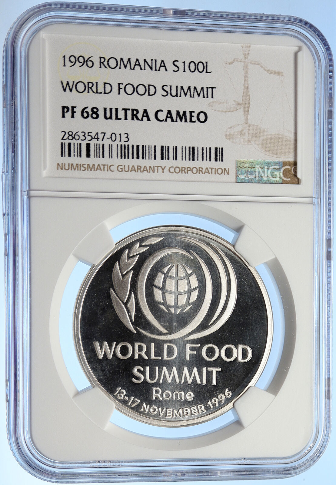 1996 ROMANIA World Food Summit ROME ITALY Vintage Proof 100 Lei Coin NGC i106288