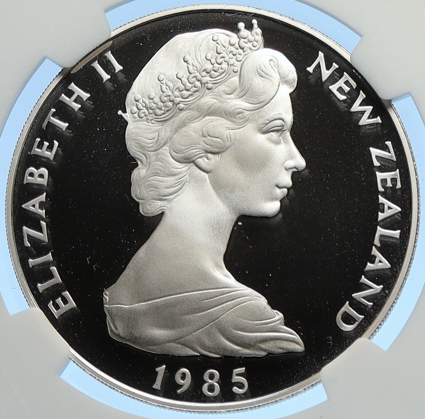 1985 NEW ZEALAND Queen Elizabeth II BLACK STILT Proof Silver $1 Coin NGC i106290