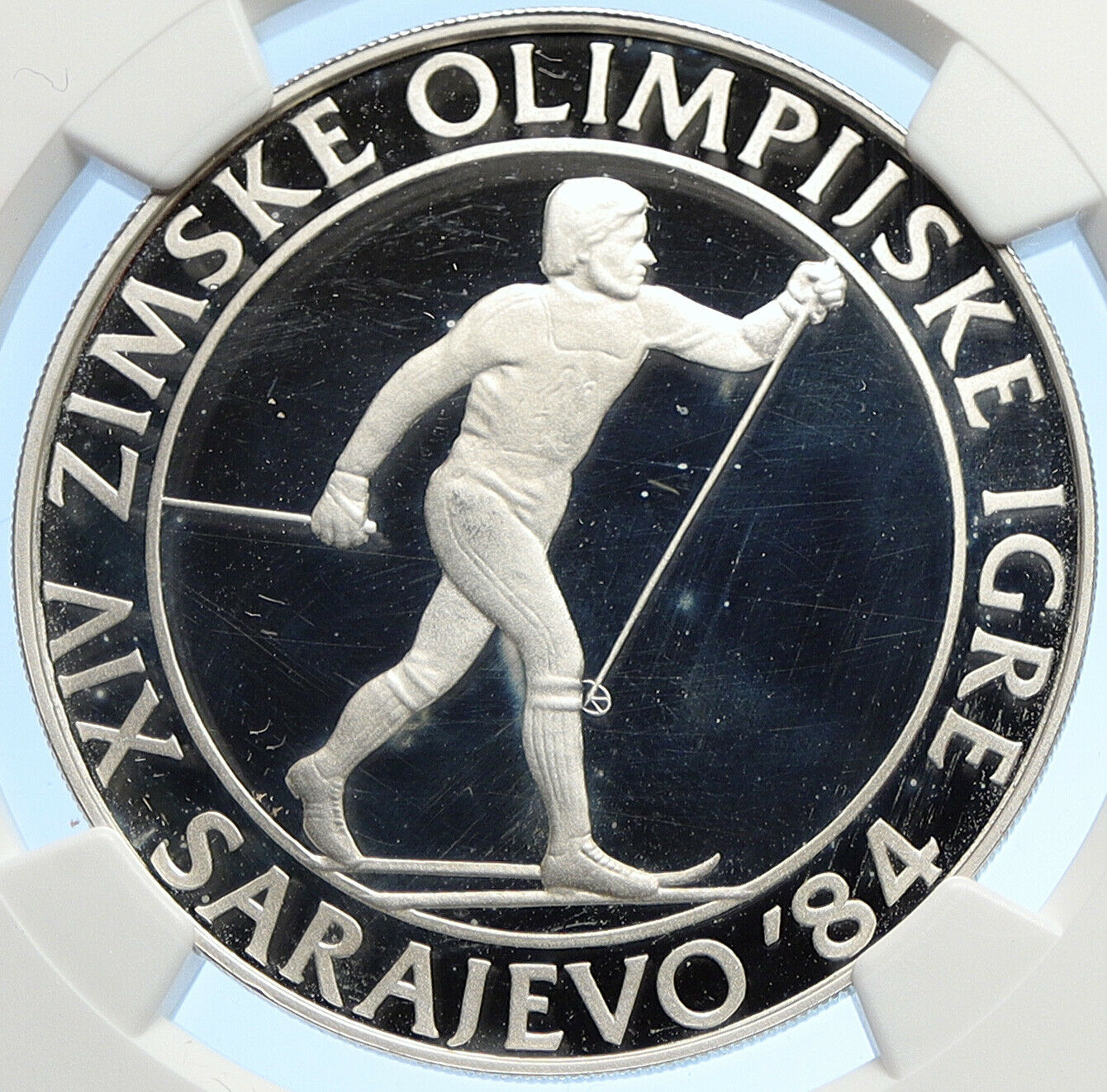 1984 YUGOSLAVIA '84 Olympic SARAJEVO Skier Proof Silver 500D Coin NGC i106286