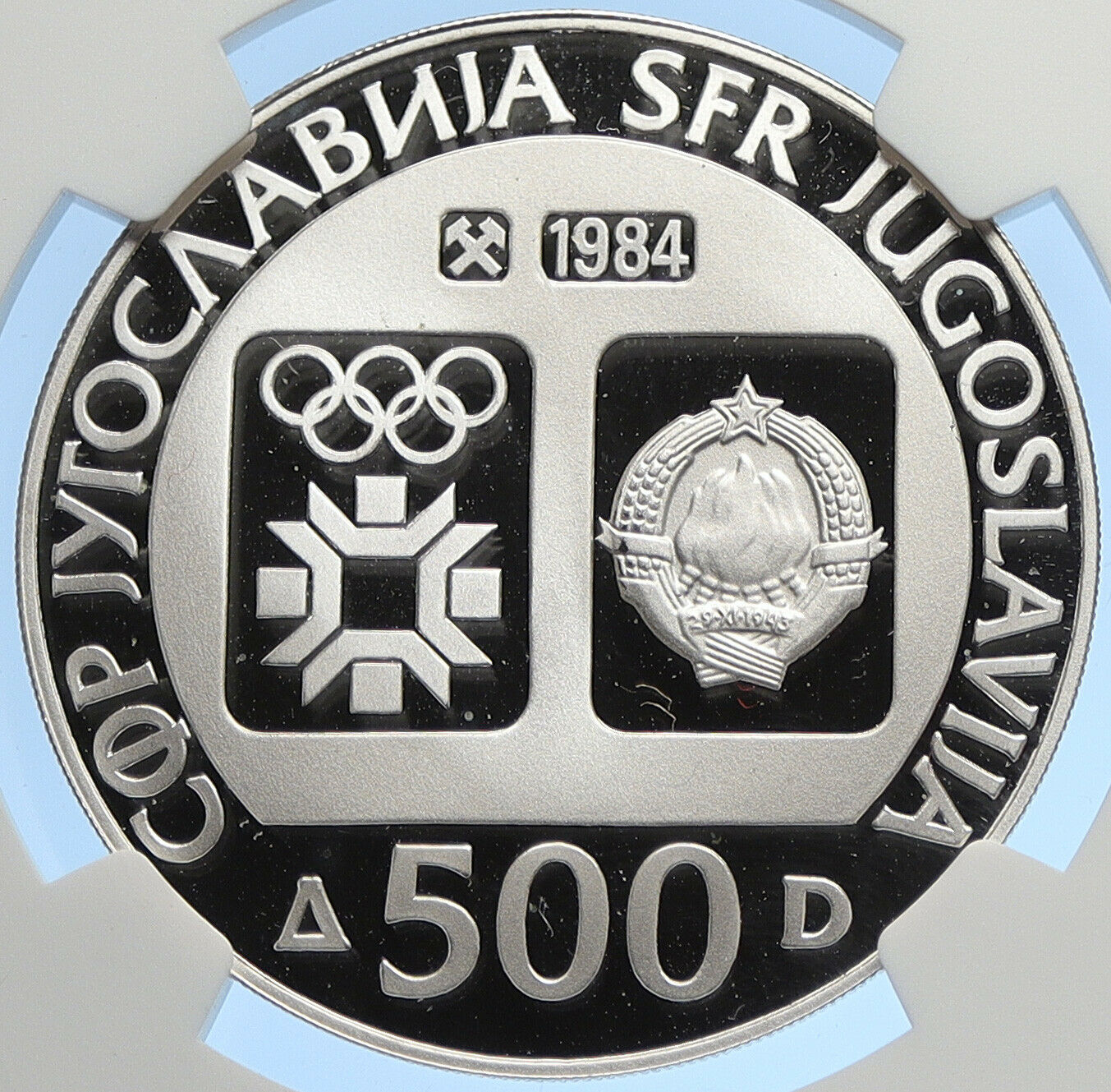 1984 YUGOSLAVIA '84 Olympic SARAJEVO Skier Proof Silver 500D Coin NGC i106286