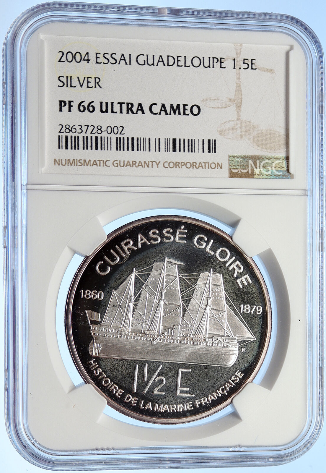 2004 FRANCE Guadeloupe Marine History Proof Silver 1 1/2 Euro Coin NGC i106292