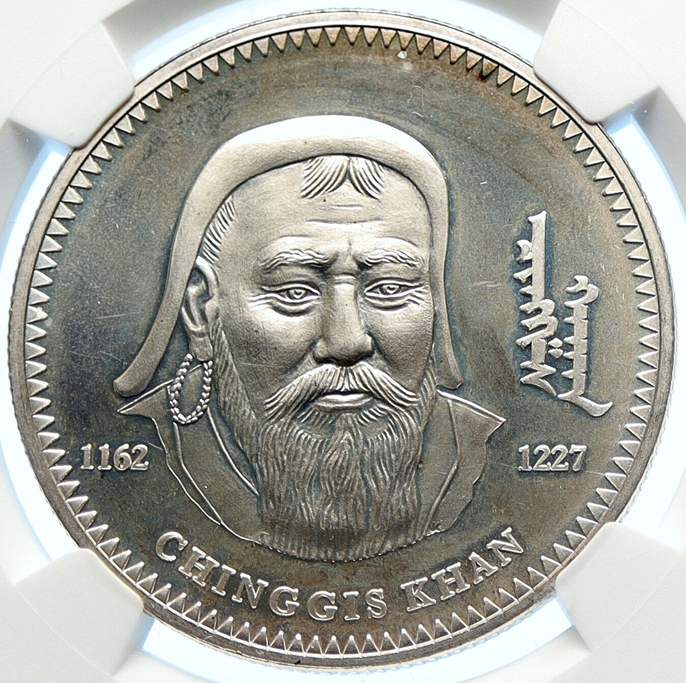 2002 MONGOLIA Conqueror Great Genghis Khan Silver 1000 Togrog Coin NGC i106301