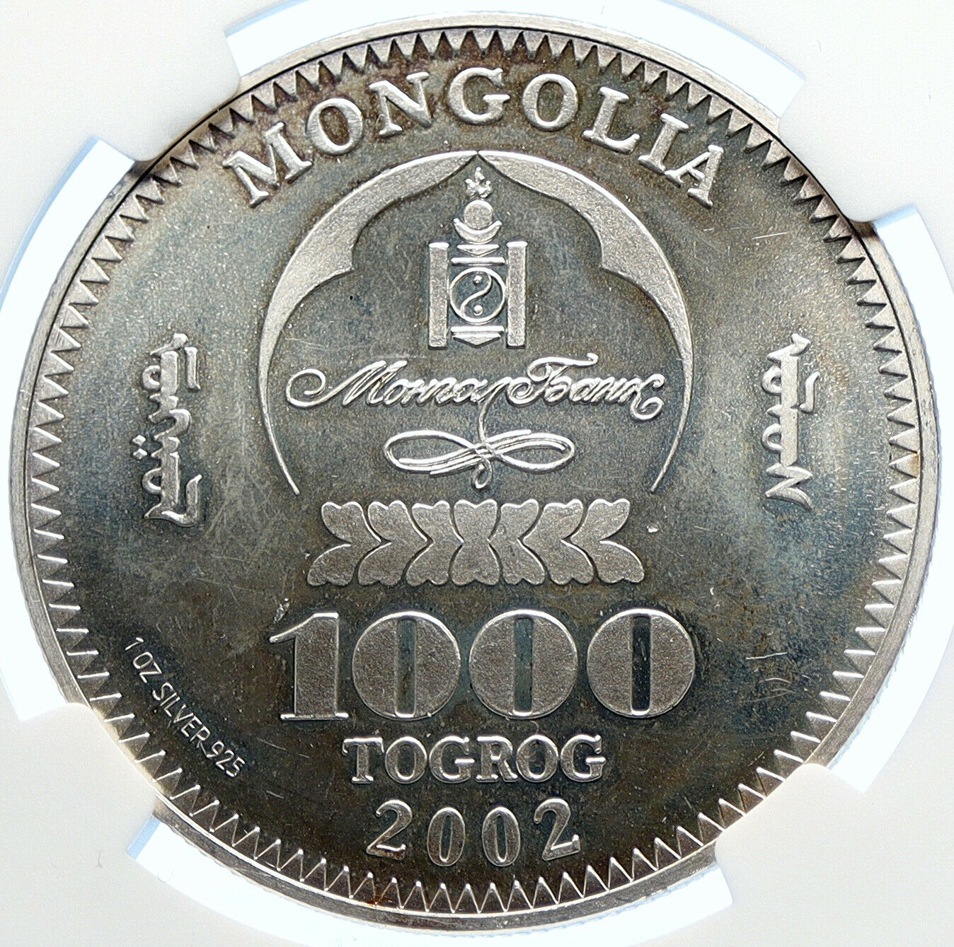 2002 MONGOLIA Conqueror Great Genghis Khan Silver 1000 Togrog Coin NGC i106301