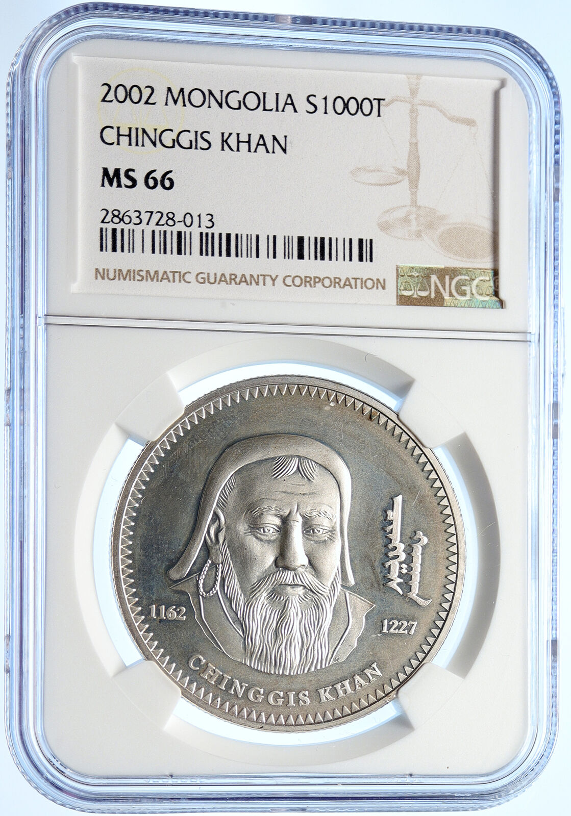 2002 MONGOLIA Conqueror Great Genghis Khan Silver 1000 Togrog Coin NGC i106301