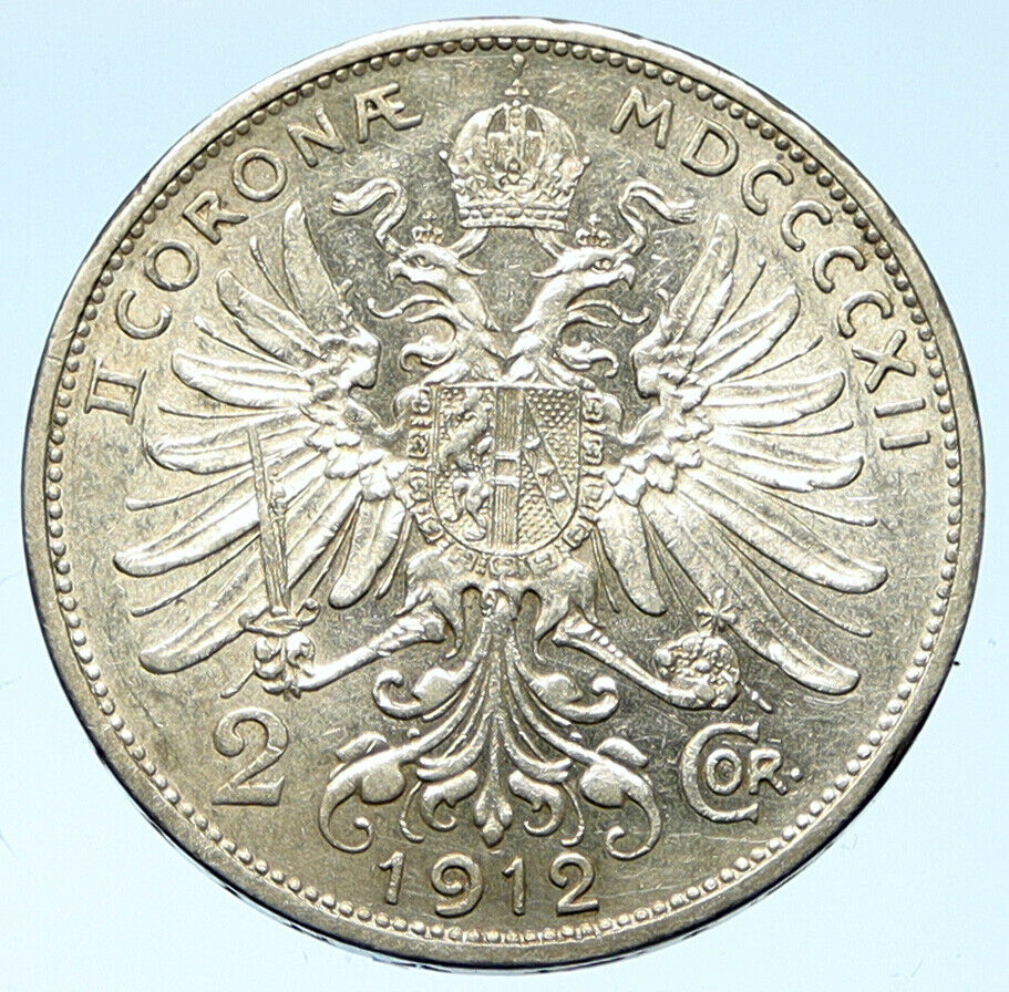 1912 AUSTRIA KING FRANZ JOSEPH I Eagle Antique OLD Silver 2 Corona Coin i102758