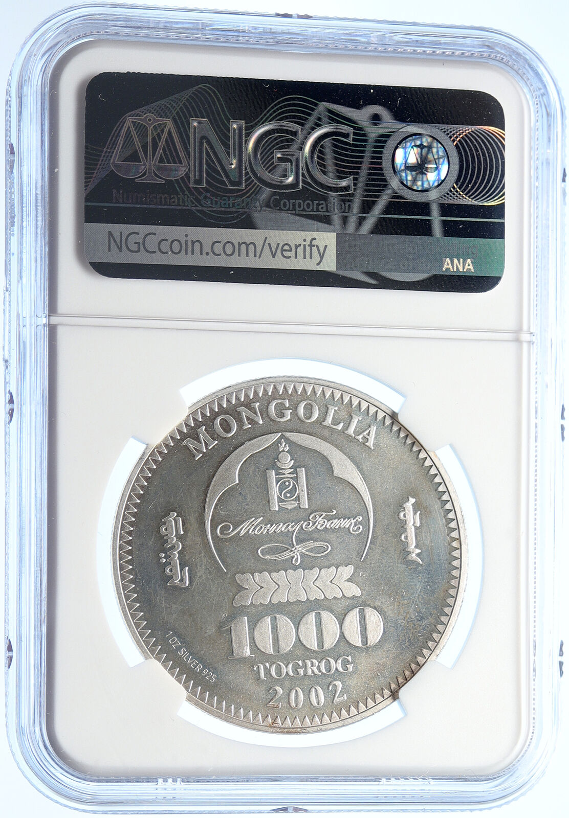 2002 MONGOLIA Conqueror Great Genghis Khan Silver 1000 Togrog Coin NGC i106301