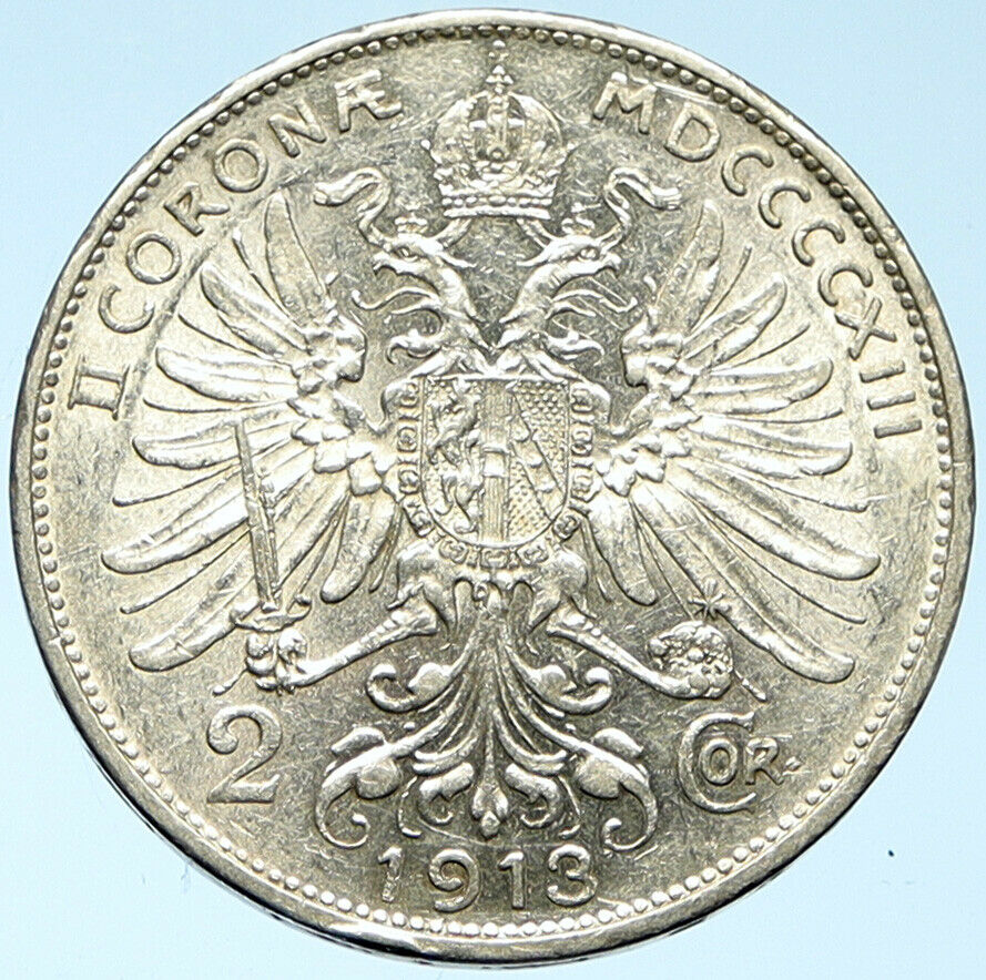 1913 AUSTRIA KING FRANZ JOSEPH I Eagle Antique OLD Silver 2 Corona Coin i102762