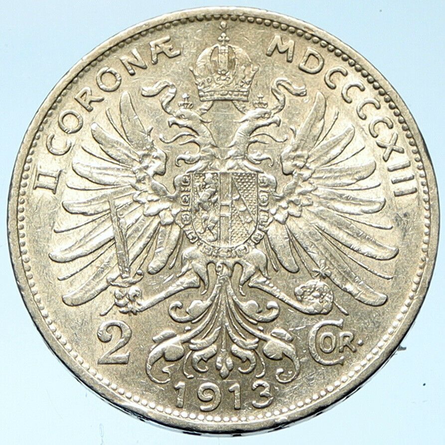 1913 AUSTRIA KING FRANZ JOSEPH I Eagle Antique OLD Silver 2 Corona Coin i102763